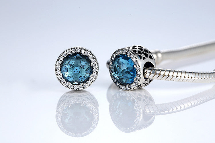 Blue .925 Sterling Silver Crystal Round Charm Bead