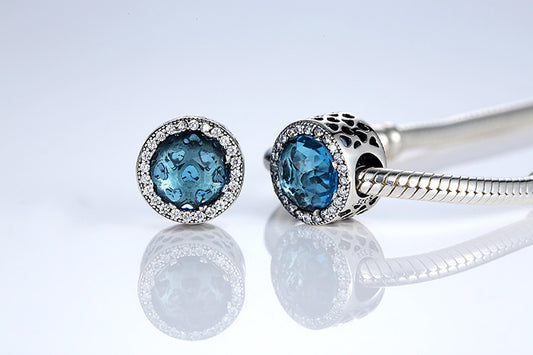 Blue .925 Sterling Silver Crystal Round Charm Bead
