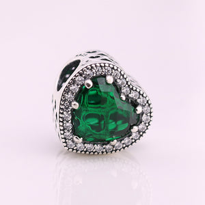 Green .925 Sterling Silver Crystal Heart Charm Bead