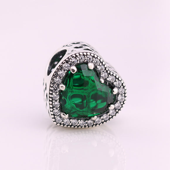 Green .925 Sterling Silver Crystal Heart Charm Bead