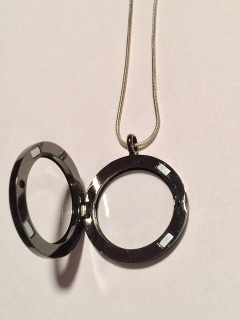 Gun Metal Black Round Floating Charm Locket Necklace