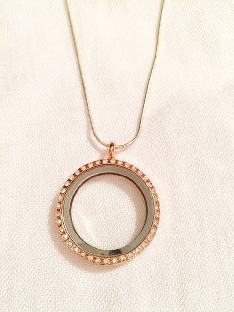 Rose Gold Crystal Round Floating Charm Locket Necklace