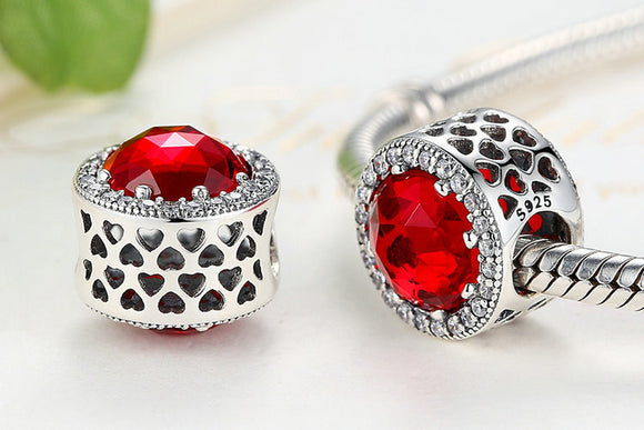 Red .925 Sterling Silver Crystal Round Charm Bead